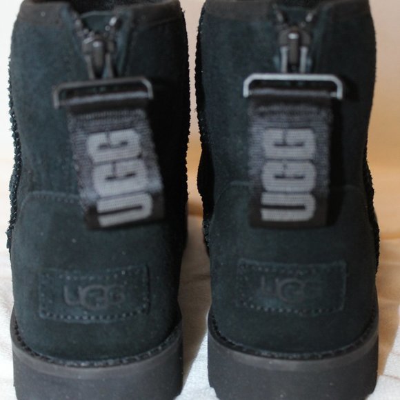 NIB UGG WOMEN'S MINI ZIP LOGO SUEDE‎ SHEARLING BOOTS BLACK - Picture 7 of 11